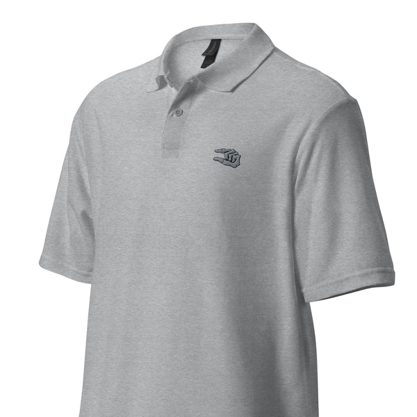 grey polo shirt with skull crusher embroidered logo