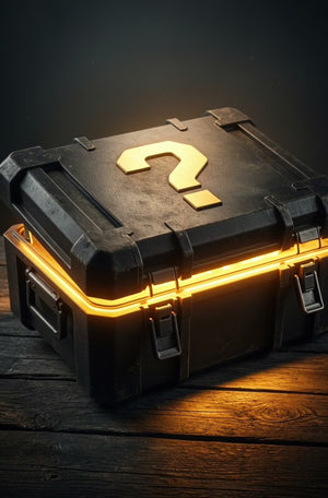 Thirty Seconds Out Mystery Box — rugged tactical crate with a glowing amber question mark